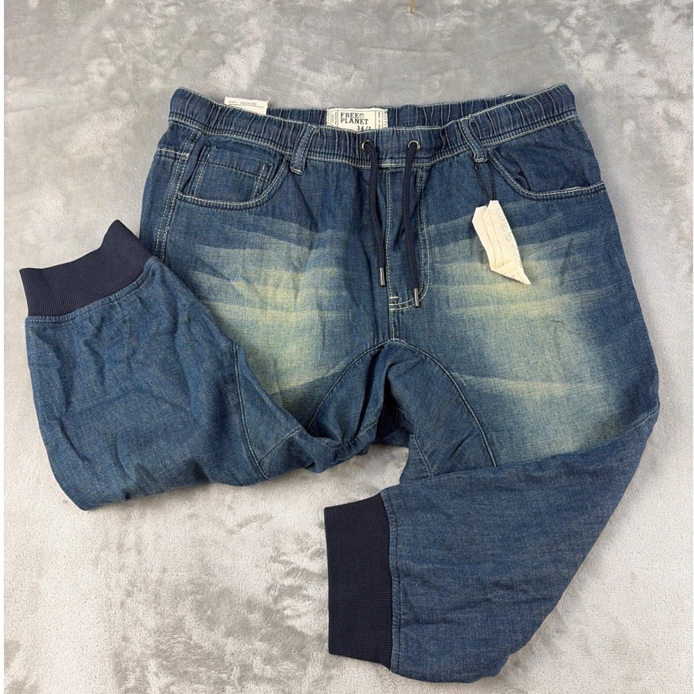 Free Planet Mens Denim Joggers Vintage Wash Elastic Waist Drawstring Blue 34 L